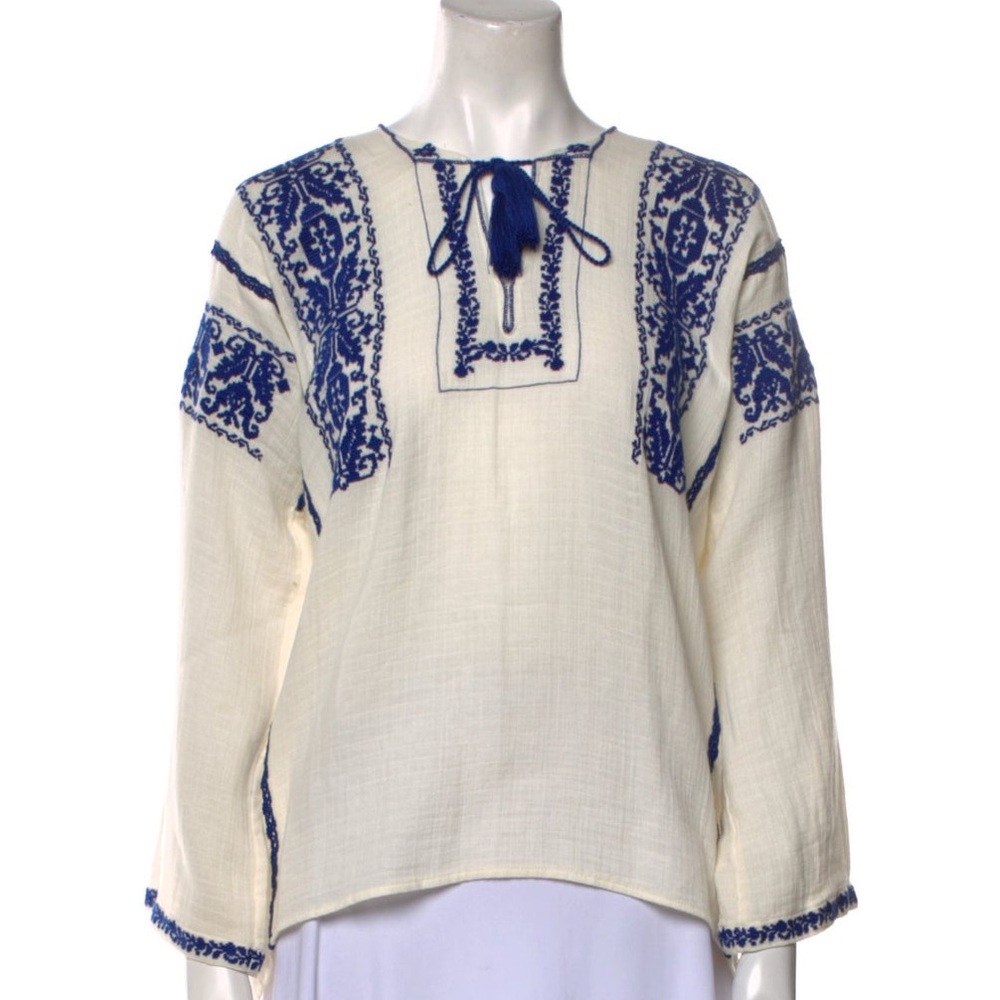 Étoile Isabel Marant Embroidered Cream and Blue Women's Top Size 36 Preloved
